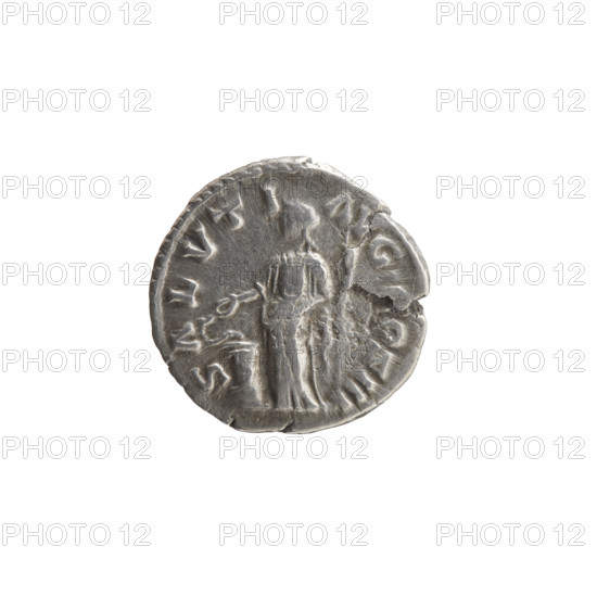 Denarius, Marcus Aurelius (121–180; Roman emperor 161–180), 169–170. Obverse: head of Marcus Aurelius with laurel wreath facing right, inscription 'M ANTONINVS - AVG TR P XXIIII' circumferential. Reverse: Salus standing left; in her right hand she holds a patera feeding a snake coiled around an altar, in her left hand a long scepter, inscription 'SALVTI - AVG' circumferential. Iconography: personifications, snakes, Salus, altars, paterae, scepters. Roman Empire (27 BC–476), Rome. Coin: silver denarius; diameter 17.0–19.0 mm, weight 2.95 g, axis 180°.