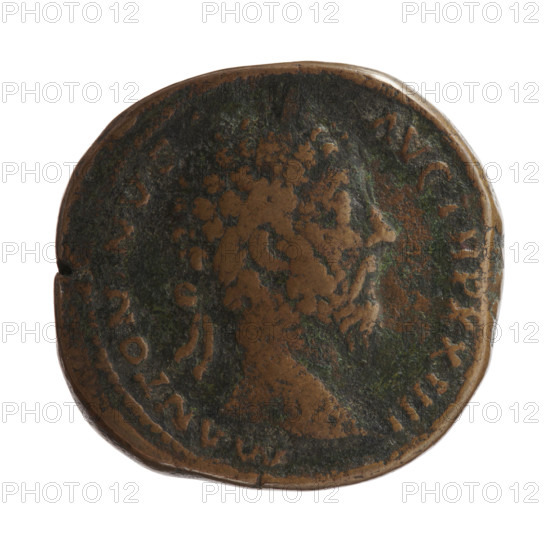 Sestertius (forgery) depicting Marcus Aurelius (121–180; Roman Emperor 161–180) — after the original. Obverse: Head of Marcus Aurelius with laurel wreath facing right, legend M ANTON NVS AVG TR P XXIIII. Reverse: Salus standing left, in her right hand holding a patera feeding a snake coiled around an altar, in her left hand a long scepter, legend SALVTI AVG COS III, fields marked SC. Iconography includes scepters, personifications, snakes, altars, paterae; inscription and provenance reference the original dated 169–170. Roman Imperial style; coin (forgery) — Rome; coin diameter ~30–31 mm, weight 30.60 g, axis 0°.