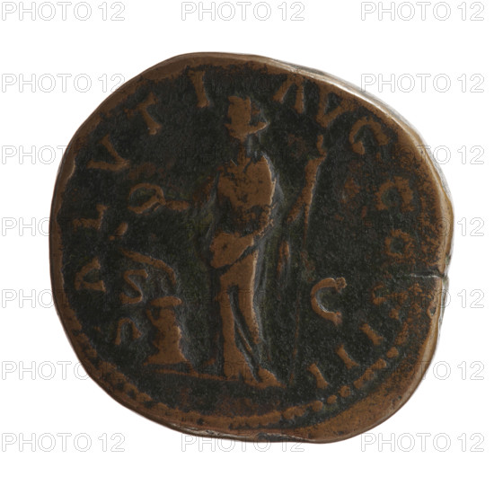 sestertius (forgery) for Marcus Aurelius (121–180; Roman Emperor 161–180) — iconography for the original: obverse: head of Marcus Aurelius with laurel wreath facing right, legend M ANTON NVS AVG TR P XXIIII; reverse: Salus standing left, in her right hand she holds a patera feeding a snake coiled around an altar, in her left hand she holds a long scepter, legend SALVTI AVG COS III, in fields SC; attributes: scepters, personifications, snakes, altars, paterae; date (for original): 169–170; culture: Roman Empire (27 BC–476), Rome; coin type: sestertius, material: (coin), weight 30.6 g, diameter 30.0–31.0 mm, axis 0°