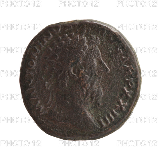 Sestertius of Marcus Aurelius (121–180; Roman emperor 161–180), issuer: Marcus Aurelius — obverse: Head of Marcus Aurelius with laurel wreath facing right, legend M ANTONINVS - AVG TR P XXIIII; reverse: Salus standing left, in her right hand she holds a patera from which she feeds a snake coiled around an altar, in her left hand she holds a long scepter, legend SA, G COS, in SC fields; date c. 169–170; Roman Empire (27 BC–476), Rome; coin; diameter 29.5 mm; weight 22.85 g; axis 180 degrees.
