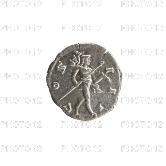 Denarius; issuer: Marcus Aurelius (121–180; Roman emperor 161–180). Obverse: Head of Marcus Aurelius with laurel wreath facing right, inscription 'M ANTONINVS - AVG TR P XXV' around. Reverse: Mars walking right, holding a spear in his right hand, a trophy resting on his shoulder in his left, inscription 'C - OS - III' around. Iconography: Roman deities, Mars; trophies; spears. Date: 170–171. Culture/place: Roman Empire, Rome. Medium: coin. Dimensions: diameter 17.5–18.0 mm; weight 3.45 g; axis 345°.