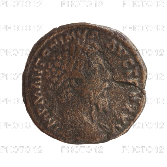 sestertius (forgery), Marcus Aurelius (121–180; Roman emperor 161–180) (for the original), Fides (Fidelity; personification), personifications, Marcus Aurelius — iconography, Victoria (attribute), legionary signs; obverse: Head of Marcus Aurelius in a laurel wreath to the right, IMP M ANTONINVS - AVG TR, XXV all around; reverse: Fides standing left, holding Victoria in his outstretched right hand, legionary sign in his left, FIDES EX, - C, M all around, in section COS III, in fields SC, 170–171 (for the original); Roman Empire (27 BC–476); Rome; coin; coin: diameter 28.0 mm, diameter 29.0 mm; weight 21.90 g; axis 180°