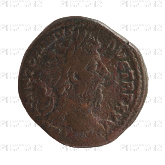 Sestertius of Marcus Aurelius (121–180; Roman emperor 161–180). Obverse: Head of Marcus Aurelius with a laurel wreath facing right, legend 'IMP M ANTONINVS - AVG TR P XXV'. Reverse: The emperor in priestly attire stands left, holding a patera above a tripod in his right hand; a bull lies beside the tripod, legends 'O, OL - DECEN' and inscriptions in COS III and S C fields. Date: 170–171. Roman Empire (27 BC–476), Rome. Coin; diameter 28.5–30.5 mm, weight 25.45 g, axis 180°.