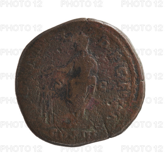 Sestertius of Marcus Aurelius (121–180; Roman emperor 161–180). Obverse: Head of Marcus Aurelius with a laurel wreath facing right, legend IMP M ANTONINVS - AVG TR P XXV. Reverse: The emperor in priestly attire stands left, holding a patera above a tripod with a bull lying beside it; legends O, OL - DECEN and COS III in the field, S C. Date: 170–171. Roman Empire (27 BC–476), Rome. Coin; weight 25.45 g; diameters ca. 28.5–30.5 mm; axis 180°.