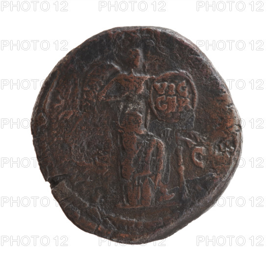 Sestertius of Marcus Aurelius (121–180; Roman emperor 161–180), issuer: Marcus Aurelius. Obverse: Head of Marcus Aurelius with laurel wreath facing right, legend M ANTO, VS - AVG T, XV all around. Reverse: Victoria standing half-naked to the right, fastening a shield inscribed VIC GER to a tree with her left hand; I, V, I in fields, -C. Date: 170–171. Roman Empire (27 BC–476), Rome. Coin: diameter 30.0–31.0 mm, weight 31.70 g, axis 0 degrees.