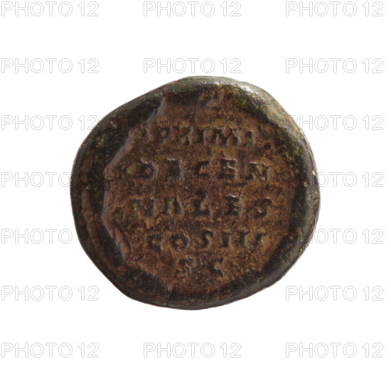 Dupondius of Marcus Aurelius (121–180; Roman emperor 161–180), issuer Marcus Aurelius — obverse: head of Marcus Aurelius in radiant crown facing right, legend M ANTON[INVS] AVG TR P X[]XV around; reverse: wreath containing a five-line inscription PRIMI / DECEN / NALES / COS III / SC. Date: 170–171. Roman Empire (27 BC–476), Rome. Bronze coin; weight 12.73 g; diameters 22.5–24.0 mm; axis 180°.