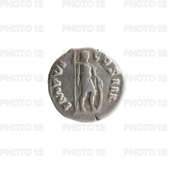 Denarius of Marcus Aurelius (121–180; Roman emperor 161–180), 171–172. Obverse: Head of Marcus Aurelius with laurel wreath facing right, inscription 'M ANTON - AVG TR P XXVI'. Reverse: Mars standing right, holding a spear in his right hand and resting his left on a shield standing on the ground, inscription 'IMP VI - COS III'. Roman Empire (27 BC–476), Rome. Coin; diameter 17.0–17.5 mm, weight 3.22 g, axis 0°.