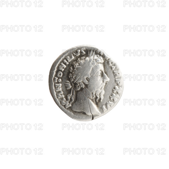 Denarius, Marcus Aurelius (121–180; Roman emperor 161–180), 171–172, Rome. Obverse: Head of Marcus Aurelius with laurel wreath facing right, inscription M ANTONINVS — G TR P XXVI. Reverse: Mars standing right, holding a spear in his right hand and resting his left on a shield standing on the ground, inscription IMP VI — COS III. Coin; diameter 16.5–17.5 mm, weight 3.09 g, axis 195°.