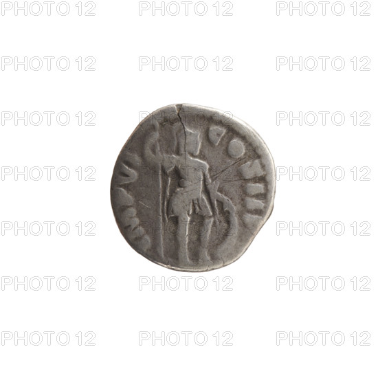 Denarius, Marcus Aurelius (121–180; Roman emperor 161–180) — obverse: head of Marcus Aurelius with laurel wreath facing right, legend M ANTONINVS — G TR P XXVI; reverse: Mars standing right, holding a spear in his right hand and resting his left on a shield standing on the ground, legend IMP VI — COS III; date 171–172, Rome, Roman Empire (27 BC–476); coin; diameter 16.5–17.5 mm; weight 3.09 g; axis 195°.