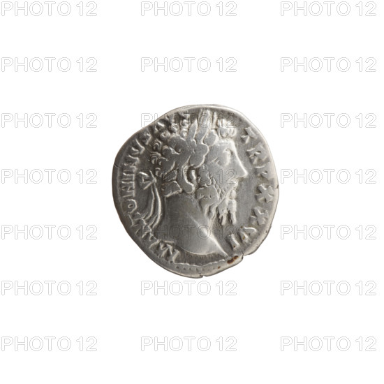 Denarius of Marcus Aurelius (121–180; Roman emperor 161–180), 171–172. Obverse: Head of Marcus Aurelius in a laurel wreath to the right, inscription M ANTONINVS AVG - TR P XXVI. Reverse: Roma seated on a shield decorated with the head of Medusa (gorgoneion) to the left; in her outstretched right hand she holds Victory, in her left a spear, inscriptions IMP - VI - , OS III. Iconography: personifications, gorgoneion, Roma, Victoria, shields, spears. Roman Empire (27 BC–476). Coin; diameter 17.0 mm, weight 3.40 g, axis 0°.