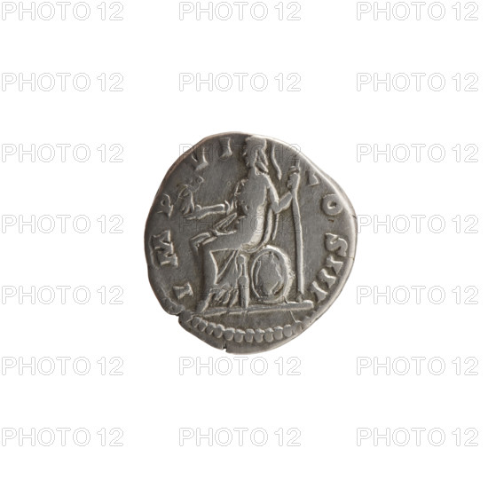 Denarius of Marcus Aurelius (121–180; Roman emperor 161–180), 171–172. Obverse: Head of Marcus Aurelius in a laurel wreath to the right, inscription M ANTONINVS AVG - TR P XXVI. Reverse: Roma seated on a shield decorated with the head of Medusa (gorgoneion) to the left; in her outstretched right hand she holds Victoria, in her left a spear, inscriptions IMP - VI -, OS III. Iconography: personifications, gorgoneion, Roma (personification), Victoria (attribute), shields, spears. Roman Empire (27 BC–476). Coin (denarius); diameter 17.0 mm, weight 3.40 g, axis 0°.