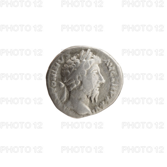 Denarius, Marcus Aurelius (121–180; Roman emperor 161–180), issuer. Obverse: Head of Marcus Aurelius in a laurel wreath to the right, inscription NTONINVS - AVG TR P XXVI. Reverse: Roma seated on a shield decorated with the head of Medusa (gorgoneion) to the left; in her outstretched right hand she holds Victoria, in her left a spear, inscription IMP VI - COS III. Iconography includes gorgoneion, personifications (Roma, Victoria), shields, spears. Date: 171–172. Culture: Roman Empire. Material/object type: coin (denarius). Diameter: 17.0–17.5 mm. Weight: 3.55 g. Axis: 180 degrees.