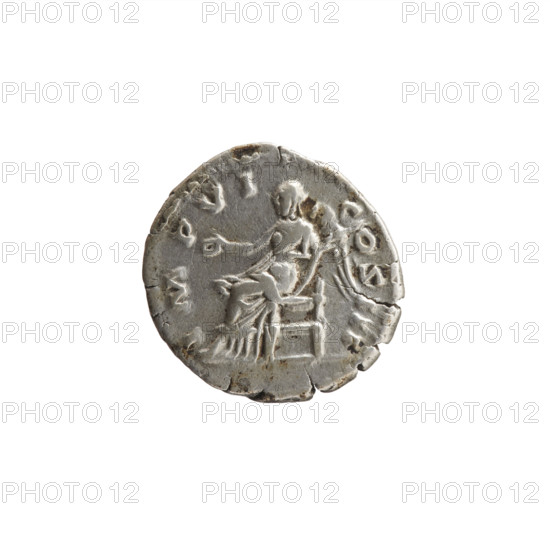 Denarius, Marcus Aurelius (121–180; Roman emperor 161–180), issuer; obverse: head of Marcus Aurelius in a laurel wreath facing right, inscription 'M ANTONINV, VG - TR P XXVI' all around; reverse: Victoria seated left, holding a patera in her outstretched right hand and a palm branch in her left, inscription 'IMP VI - COS III' all around; iconography: Roman deities, Victoria; attributes: patera, palm branches; date: 171–172; Roman Empire (27 BC–476); Rome; coin; diameter 17.5–18.0 mm; weight 3.20 g; axis 180 degrees.
