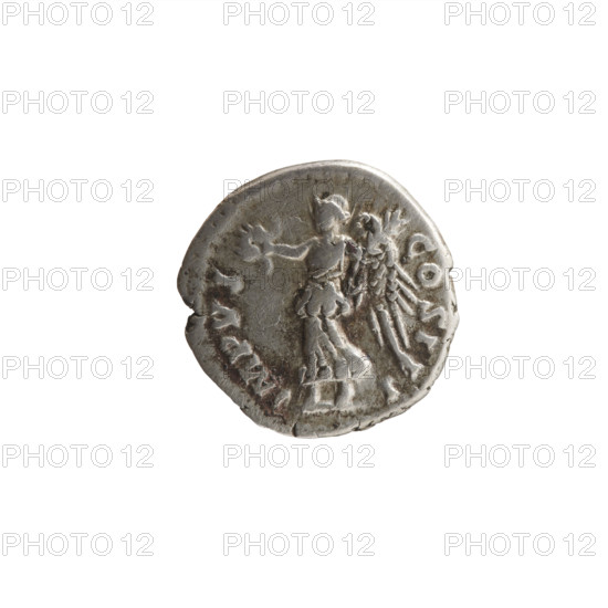 Denarius of Marcus Aurelius (121–180; Roman emperor 161–180), 171–172. Obverse: Head of Marcus Aurelius in a laurel wreath facing right, inscription 'M ANTONINVS - AVG TR P XXVI'. Reverse: Victoria walking left, holding a wreath in her outstretched right hand and a trophy in her left, inscription 'IMP VI - COS III'. Roman deities; wreaths; Victoria; trophies; iconography of Marcus Aurelius. Roman Empire (27 BC–476). Coin: diameter 17.5–18.0 mm, weight 3.05 g, axis 0°.