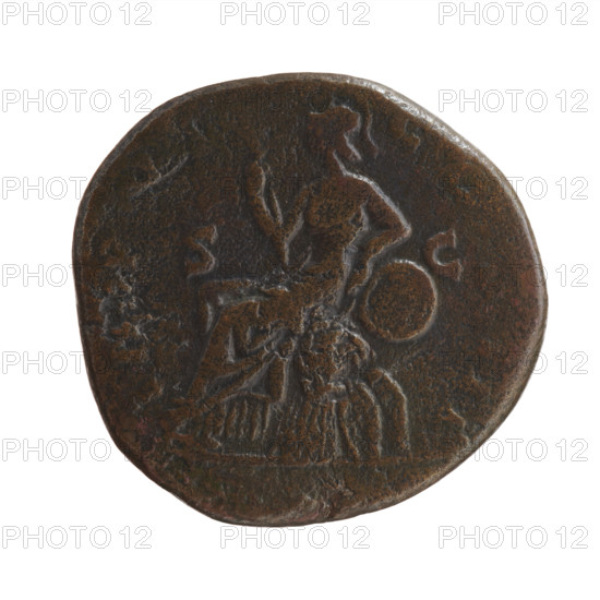 Sestertius of Marcus Aurelius (121–180; Roman emperor 161–180), issuer Marcus Aurelius; obverse: head of Marcus Aurelius with laurel wreath facing right, inscribed M ANTONINVS - AVG TR P XX; reverse: Roma personified seated on armor facing left, holding a scepter in her right hand and resting her left on a stack of shields, inscribed MP VI - CO, III in SC fields; dated 171–172. Roman Empire (27 BC–476). Coin; diameter 29.0–30.0 mm, weight 19.50 g, axis 195°.