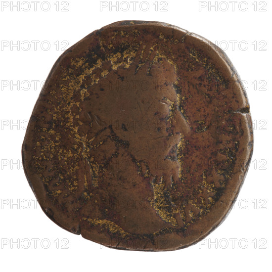 Sestertius of Marcus Aurelius (121–180; Roman emperor 161–180), issuer: Marcus Aurelius. Obverse: head of Marcus Aurelius with laurel wreath facing right, legend M ANTONIN, RP XXVI. Reverse: Roma personified sitting on armor facing left, holding a scepter in her right hand and resting her left on a stack of shields, legend IMP VI -, field marks S-, date 171–172. Roman Empire (27 BC–476), Rome. Coin; diameter 32.5 mm, weight 27.10 g, axis 180 degrees.
