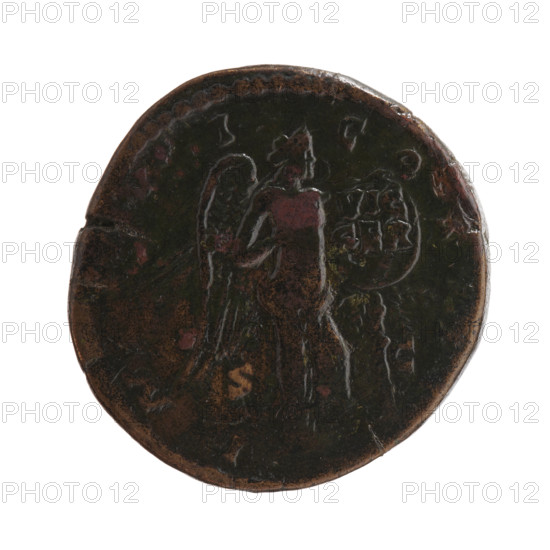 Sestertius of Marcus Aurelius (121–180; Roman emperor 161–180). Obverse: head of Marcus Aurelius with laurel wreath facing right, inscription 'M ANTONINVS - AVG, RP XXV' all around. Reverse: Victoria stands half-naked to the right, fastening a shield inscribed 'VIC GER' to a tree with her left hand; inscriptions 'IMP VI - COS, I' all around, in SC fields. Date: 170–171. Roman Empire (27 BC–476), Rome. Coin; diameter 29.5–30.0 mm, weight 24.85 g, axis 0°.