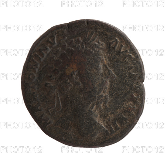 Sestertius of Marcus Aurelius (121–180; Roman emperor 161–180). Obverse: head of Marcus Aurelius in a laurel wreath to the right, legend 'M ANTONINVS - AVG TR P XXVII'. Reverse: Jupiter sits on a throne to the left; in his outstretched right hand he holds Victoria, in his left hand he holds a scepter; legend 'I S III' and mark 'SC'. Dated 172–173. Roman Empire (27 BC–476), Rome. Coin; weight 20.4 g; diameter ~28.5–29.5 mm; axis 180°.