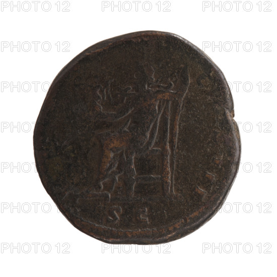 Sestertius of Marcus Aurelius (121–180; Roman emperor 161–180). Obverse: Head of Marcus Aurelius in a laurel wreath to right, legend M ANTONINVS - AVG TR P XXVII. Reverse: Jupiter sits on a throne to left; in his outstretched right hand he holds Victoria, in his left hand he holds a scepter, legend I S III and episode SC. Date: 172–173 CE, Roman Empire (27 BC–476), Rome. Coin; weight 20.40 g; diameter 28.5–29.5 mm; axis 180°.