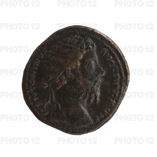 Dupondius of Marcus Aurelius (121–180; Roman emperor 161–180). Obverse: head of Marcus Aurelius in radiant crown facing right, inscription M ANTON - AVG TR P X]XV; Reverse: Mercury in a short tunic and petasos stands frontally, head turned left, holding a patera in his right hand and a caduceus in his left, inscription RELIG AVG - IMP VI COS III with control letters SC in the fields. Date: 172–173. Roman Empire (27 BC–476). Coin; diameter ca. 26–27 mm, weight 15.22 g, axis 180°.