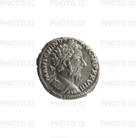Denarius of Marcus Aurelius (121–180; Roman emperor 161–180), 173–174. Obverse: Bust of Marcus Aurelius in laurel wreath and armor facing right, inscription M ANTONINVS - AVG TR P XXVIII. Reverse: Emperor in toga standing left, holding a branch in his right hand and a scepter in his left, inscription IMP VI - COS III. Iconography: scepters, branches; emperor in toga. Roman Empire; Rome. Coin: diameter 17.0–18.5 mm, weight 3.02 g, axis 0°.