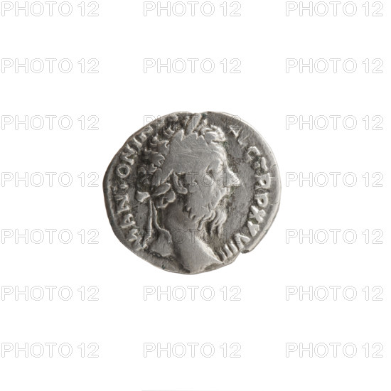 Denarius, Marcus Aurelius (121–180; Roman emperor 161–180), obverse: head of Marcus Aurelius in laurel wreath facing right, legend 'M ANTONINV - AVG TR P XXVIII'; reverse: emperor in toga standing left, holding a branch in his right hand and a scepter in his left, legend 'IMP VI - COS III'; dated 173–174, Rome, Roman Empire (27 BC–476); coin; diameter 16.0–18.0 mm; weight 2.75 g; axis 0°.