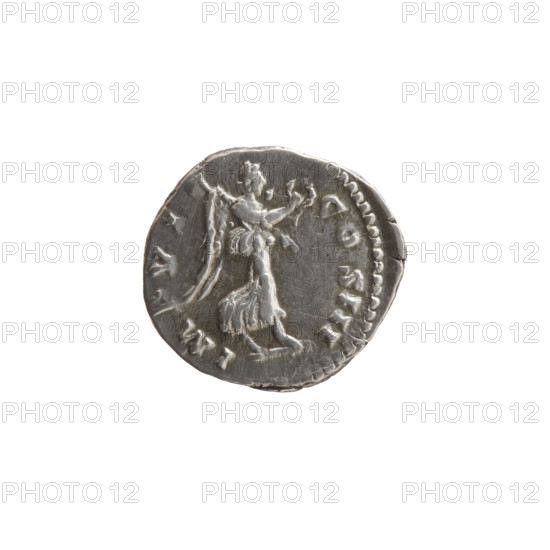Denarius, Marcus Aurelius (121–180; Roman emperor 161–180), 173–174. Obverse: Head of Marcus Aurelius with laurel wreath facing right, inscription 'M ANTONINVS AVG - TR P XXVIII'. Reverse: Victoria walking right, holding a wreath in her outstretched right hand and a trophy on her left shoulder, inscription 'IMP VI - COS III'. Roman Empire (27 BC–476), Rome. Coin: diameter 18.0–18.5 mm, weight 3.30 g, axis 195°.