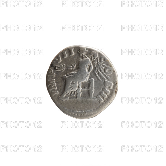 Denarius of Marcus Aurelius (121–180; Roman emperor 161–180), obverse: head of Marcus Aurelius in a laurel wreath facing right, inscription 'M ANTONINVS - AVG TR P XXVIII'; reverse: Victoria seated left, holding a patera in her right outstretched hand and a palm leaf in her left, inscription 'IMP - VII - CO - S III'. Roman deities; wreaths; palm branches. Roman Empire (27 BC–476), Rome. Coin; diameter 16.5–17.5 mm, weight 3.20 g, axis 0 degrees.
