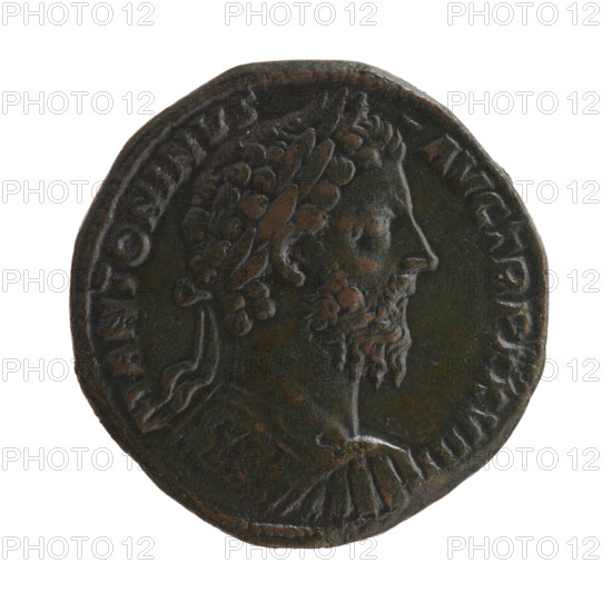 Sestertius, Marcus Aurelius (121–180; Roman emperor 161–180) (issuer). Obverse: Bust of Marcus Aurelius in laurel wreath and armor to the right, inscription 'M ANTONINVS - AVG TR P XXVIII'. Reverse: Jupiter sits on a throne to the left, holding Victoria in his outstretched right hand and a scepter in his left, inscription 'MP VI - COS III', in the SC episode. Date: 173–174. Roman Empire (27 BC–476), Rome. Coin; diameter 30.0–30.5 mm, weight 23.7 g, axis 0°.