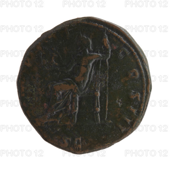 Sestertius of Marcus Aurelius (121–180; Roman emperor 161–180). Bust of Marcus Aurelius in laurel wreath and armor to the right, inscription 'M ANTONINVS - AVG TR P XXVIII' all around. Reverse: Jupiter sits on a throne to the left, in his outstretched right hand he holds Victoria, in his left hand a scepter, inscription 'MP VI - COS III' all around; SC episode, dated 173–174. Roman Empire (27 BC–476). Coin: diameter 30.0–30.5 mm, weight 23.7 g, axis 0°.