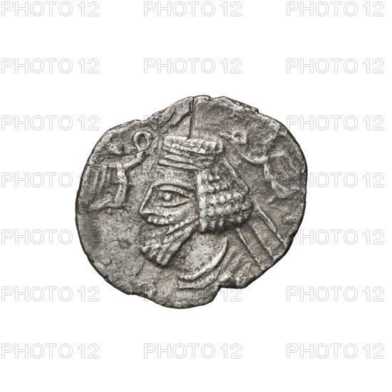 Drachma, Phraates V and Musa (2 BC–4 AD). Obverse: bust of Phraates V facing left, wearing a diadem and decorative costume; above the ruler's bust two figures of Nike with wreaths. Reverse: bust of Musa facing left, wearing a tiara. Parthian Kingdom, Iran. Coin; diameter 18.0–21.0 mm, weight 2.65 g.