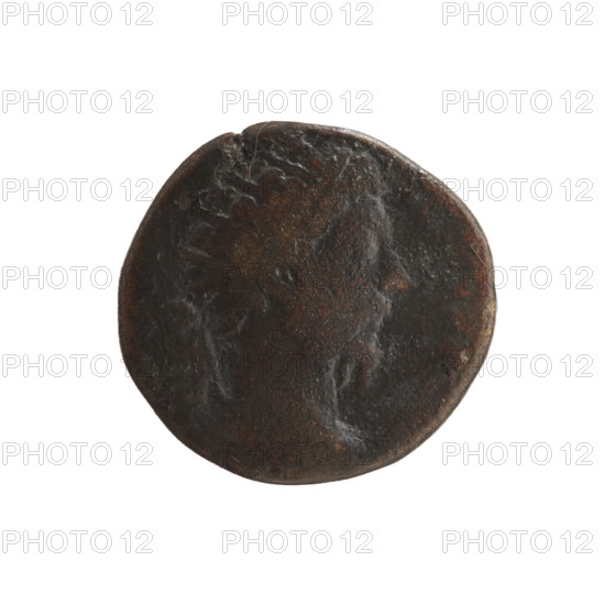 Dupondius; Marcus Aurelius (121–180; Roman emperor 161–180), issuer; Roman deities: Jupiter; attributes: scepters, radiant crown, Victoria; iconography: head of Marcus Aurelius in radiant crown to the right, legend TR P X (all around); reverse: Jupiter sits on a throne to the left, holding Victoria in his outstretched right hand and a scepter in his left, legend IMP V—I— (all around); date: 173–174; culture/place: Roman Empire (27 BC–476), Rome; object type: coin; material: (implied bronze dupondius); dimensions: diameter 23.0–24.0 mm; weight 8.12 g; axis 180 degrees.