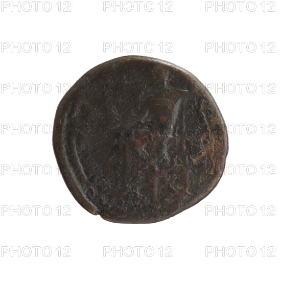 Dupondius, Marcus Aurelius (121–180; Roman emperor 161–180) (issuer). Head of Marcus Aurelius in radiant crown to the right, TR PX, all around; reverse: Jupiter sits on a throne to the left, holding Victory (Victoria) in his outstretched right hand, a scepter in his left, IMP V–I–, all around. Roman Empire, 173–174. Coin (dupondius); diameter 23.0–24.0 mm, weight 8.12 g, axis 180°.