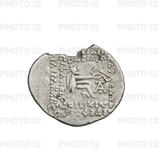 Drachma, Phraates V; obverse: bust of Phraates V wearing a diadem, facing left, with Nike on both sides holding a wreath. Reverse: Arsakes I seated on a throne to the right, bow in his right hand, monogram on the right. Broken coin, Parthian Kingdom, c. 2 BC–4 AD. Mint: Parthia (Iran). Coin; weight 3.45 g.