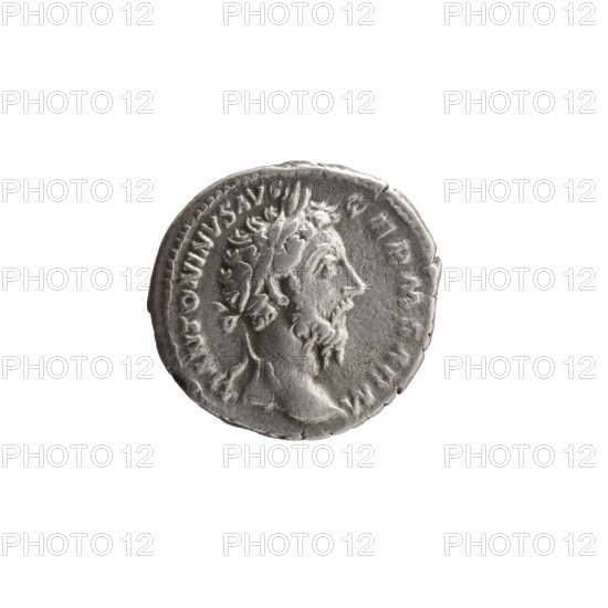 Denarius, Marcus Aurelius (121–180; Roman emperor 161–180), obverse: head of Marcus Aurelius with laurel wreath facing right, inscription M ANTONINVS AVG - GERM SARM; reverse: naked Genius standing left, holding a patera in his right hand and two ears of corn in his left, inscription TRP XXIX - IMP VIII COS III; iconography: ears of corn, Genius (personification), paterae; date: 175; culture: Roman Empire (27 BC–476), Rome; medium: coin; diameter 18.0 mm; weight 3.30 g; axis 0°.