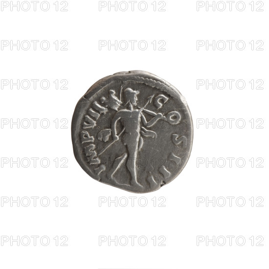 Denarius of Marcus Aurelius (121–180; Roman emperor 161–180), 174–175. Obverse: Head of Marcus Aurelius with laurel wreath facing right, legend 'M ANTONINVS - AVG TR P XXIX'. Reverse: Mars, naked except for cloak and helmet, walking right, holding a trophy in his left hand and a spear in his right, legend 'IMP VII - COS III'. Iconography: Roman deities (Mars), trophies, spears. Coin; Roman Empire (27 BC–476); Rome. Diameter: 17.5–18.5 mm; weight: 3.15 g; axis: 0°.