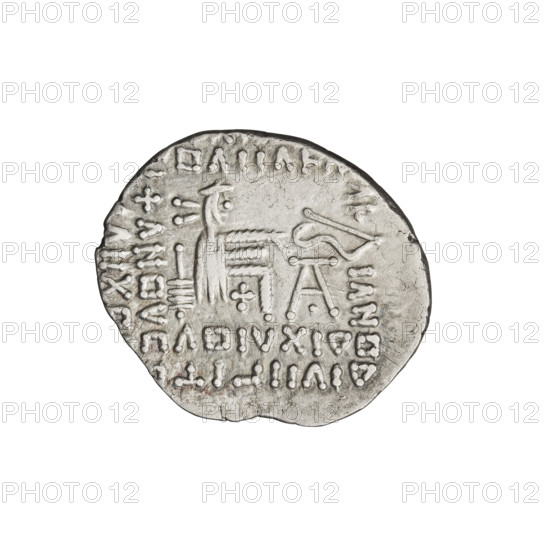 Drachma of Vardanes I (41–45 CE). Obverse: bust of Vardanes I left, wearing a diadem. Reverse: Arsakes seated on a throne facing right, holding a bow in front of him. Parthian Kingdom (Iran). Coin; diameter 19.0 × 21.0 mm, weight 3.65 g. Icons and inscriptions relate to Arsakes I (Parthian king; ca. 247–217 BCE) — iconography.