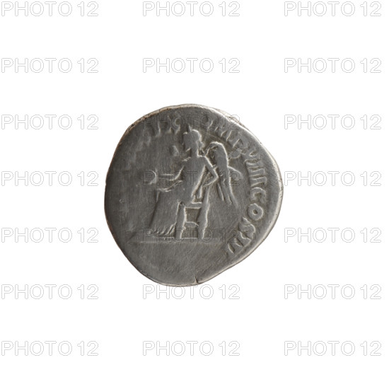 Denarius of Marcus Aurelius (121–180; Roman emperor 161–180). Obverse: Head of Marcus Aurelius in a laurel wreath facing right, inscription ANTONINVS AV - GERM SARM around. Reverse: Victoria seated left, holding a patera in her right outstretched hand and a palm leaf in her left, inscription TR P XXIX - IMP VIII COS III around. Dated 175. Roman Empire (27 BC–476), Rome. Coin; diameter 17.5–18.5 mm, weight 3.05 g, axis 0°.