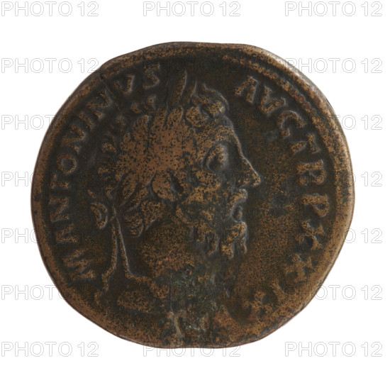 Sestertius of Marcus Aurelius (121–180; Roman emperor 161–180), struck 174–175. Obverse: head of Marcus Aurelius in a laurel wreath facing right, legend M ANTONINVS - AVG TR P XXIX. Reverse: Annona standing left, holding ears of corn above a modius in her right hand and a cornucopia in her left, legend IMP VII - COS III; control marks S - C in the fields. Iconography: personifications, ears of corn, cornucopias, modii; subject: Annona. Roman Empire, struck in Rome. Coin: diameter ~30–32 mm, weight 32.3 g, axis 165°.