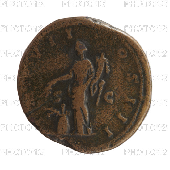Sestertius, Marcus Aurelius (121–180; Roman emperor 161–180), issuer. Obverse: Head of Marcus Aurelius in a laurel wreath facing right, inscription M ANTONINVS - AVG TR P XXIX. Reverse: Annona standing left; in her right hand she holds ears of corn above a container (modius) filled with ears of corn, in her left hand a cornucopia, inscription IMP VII - COS III, control marks S - C in the fields. Date: 174–175. Roman Empire (27 BC–476), Rome. Coin; diameters 30.0 mm and 32.0 mm, weight 32.3 g, axis 165°.