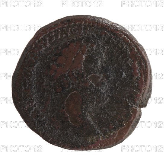 Sestertius of Marcus Aurelius (121–180; Roman emperor 161–180), obverse: head of Marcus Aurelius with laurel wreath facing right, inscription NTONINVS AVG - GER, CVS; reverse: Annona (personification) standing left, holding ears of corn in her right hand above a container (modius) with ears of corn and a cornucopia in her left; additional motifs: ears of corn, modius, horns of plenty; legends and marks include T, XX, X - IMP VIII - C, S III, field mark S - C, 175. Roman Empire (27 BC–476), Rome. Coin: diameter 31.5–32.0 mm, weight 24.40 g, axis 0°.