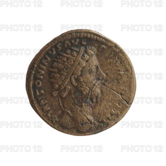 Dupondius of Marcus Aurelius (121–180; Roman emperor 161–180), issuer. Obverse: Head of Marcus Aurelius with radiant crown to the right, legend 'M ANTONINVS AVG'. Reverse: Annona (personification) stands left; in her right hand she holds ears of corn above a modius (container) with ears of corn, and in her left hand a cornucopia; legend 'IMP VII - COS III'. Fields: S - C. Date: 174–175. Roman Empire (27 BC–476), Rome. Coin (dupondius): diameter 25.0–25.5 mm, weight 13.05 g, axis 180 degrees. Iconography: ears of corn, Annona, personifications, radiant crown, cornucopia.