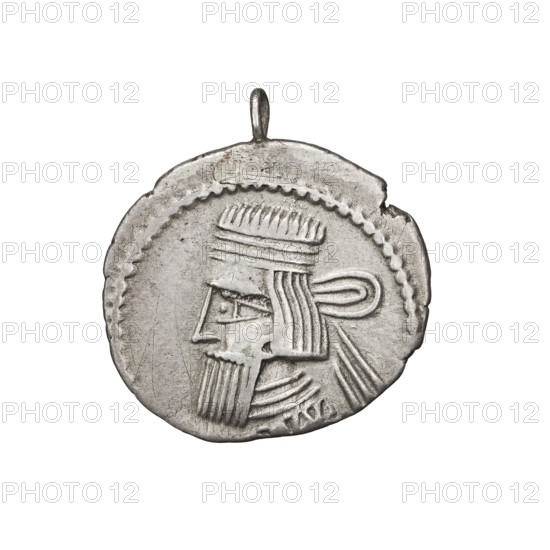 Drachma of Gotarzes II (king of the Parthians; 40–51). Obverse: bust of Gotarzes II facing left, wearing a diadem. Reverse: Arsakes I (king of the Parthians; ca. 247–217 BCE) seated on a throne facing right, holding a bow, monogram below the bow. Coin has an eyelet. Parthian Kingdom, Ecbatana, Iran. Coin: diameter 20.0 × 21.0 mm, weight 3.80 g. Subjects/icons: bows (arms), diadems, busts, armor; iconography.