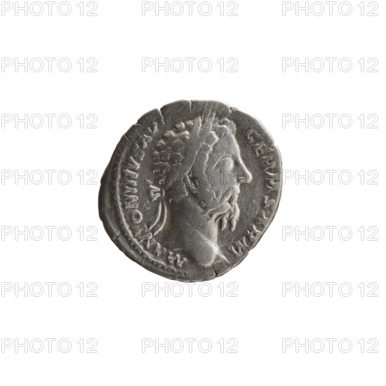 Denarius, Marcus Aurelius (121–180; Roman emperor 161–180), issuer: Marcus Aurelius; obverse: head of Marcus Aurelius with laurel wreath facing right, inscription 'M ANTONINVS AV—GERM SARM' around; reverse: Roma standing left, holding Victoria in his outstretched right hand and a spear in his left, inscription 'TR P XXX • IMP V • III COS III' around; date 175–176; personifications: Roma, Victoria (attribute); material: coin; Roman Empire (27 BC–476); place: Rome; diameter 18.0–18.5 mm; weight 3.35 g; axis 195 degrees.