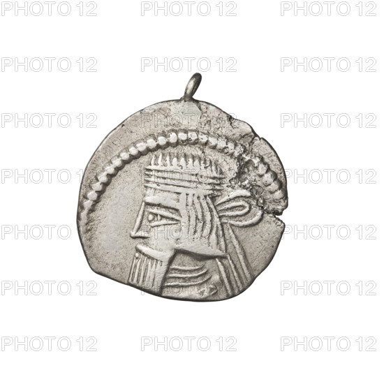Drachma of Gotarzes II (King of the Parthians; 40–51). Obverse: bust of Gotarzes II facing left, wearing a diadem. Reverse: Arsakes I (King of the Parthians; ca. 247–217 BC) seated on a throne facing right, holding a bow; below the bow a monogram. Coin has an eyelet. Parthian Kingdom, Iran. Diameter 20.0–21.0 mm; weight 3.80 g.