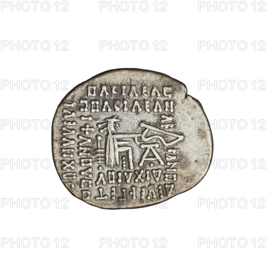 Drachma of Gotarzes II (King of the Parthians; 40–51). Obverse: bust of Gotarzes II left, wearing a diadem, with a long beard in a decorated robe. Reverse: Arsakes I (King of the Parthians; ca. 247–217 BC) seated on a throne facing right, holding a bow, monogram below the bow. Parthian Kingdom, Iran, dated 38–51. Coin; diameter 18.0 × 21.0 mm; weight 3.75 g.