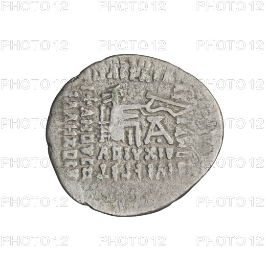 Drachma of Gotarzes II (King of the Parthians; 40–51). Obverse: bust of Gotarzes II left, wearing a diadem, with a long beard in a decorative robe. Reverse: Arsakes I (King of the Parthians; ca. 247–217 BCE) seated on a throne facing right, holding a bow, monogram below the bow. Parthian Kingdom, Iran. Coin, diameter 19.0 × 21.0 mm, weight 3.00 g.