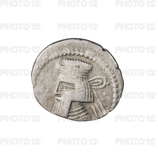 Subaeratus drachma, Gotarzes II (King of the Parthians; 40–51). Obverse: bust of Gotarzes II left, wearing a diadem, with a long beard, in a decorated robe. Reverse: Arsakes I (King of the Parthians; ca. 247–217 BC) seated on a throne facing right, holding a bow in his hands, monogram below the bow. Date: 38–51. Parthia, Iran. Coin. Diameter 20.0 × 21.0 mm; weight 3.80 g.
