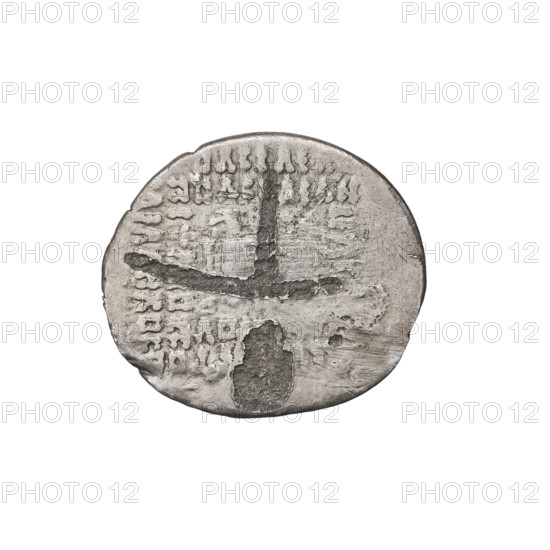 Subaeratus drachma, Gotarzes II (King of the Parthians; 40–51). Obverse: bust of Gotarzes II left, wearing a diadem, with a long beard in a decorated robe. Reverse: Arsakes I (King of the Parthians; ca. 247–217 BCE) seated on a throne facing right, holding a bow, monogram below the bow. Parthian Kingdom, Iran; dated 38–51. Coin, diameter 20.0 × 21.0 mm, weight 3.80 g.