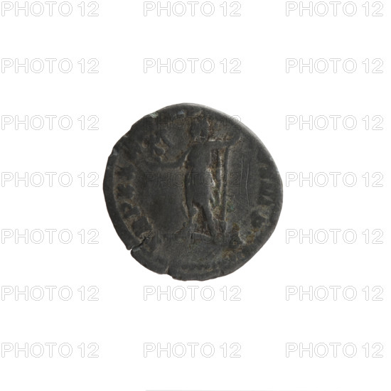 Denarius (forgery) of Marcus Aurelius (121–180; Roman emperor 161–180). Obverse: Head of Marcus Aurelius with laurel wreath facing right, inscription NINVS AVG - GERM, AR, all around. Reverse: Roma standing left, holding Victoria in his outstretched right hand, a spear in his left, inscription TR P XXX, COS III PP all around. Iconography: Marcus Aurelius; personifications Roma and Victoria; spears. Date: 175–176 or later. Culture/period: Roman Empire (27 BC–476). Place: Rome. Medium/function: coin. Diameter: 17.5–18.0 mm. Weight: 2.20 g. Axis: 180 degrees.